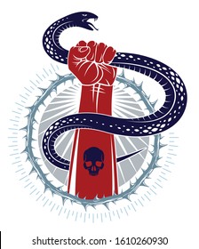 Hand squeezes a snake, fight against evil devil and Satan, control your inner beast animal, archetype shadow, life is a fight concept, vintage vector logo or tattoo.