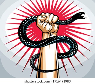 Hand Squeezes A Snake, Fight Against Evil, Control Your Dark Side, Internal Conflict, Archetype Shadow, Life Is A Fight Concept, Vintage Vector Logo Or Tattoo.