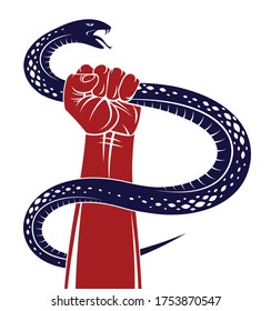 Hand squeezes a snake, fight against evil, control your dark side, internal conflict, archetype shadow, life is a fight concept, vintage vector logo or tattoo.