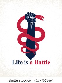 Hand squeezes a snake, fight against evil devil and Satan, control your inner beast animal, archetype shadow, life is a fight concept, vintage vector logo or tattoo.