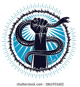 Hand squeezes a snake, fight against evil, control your dark side, internal conflict, archetype shadow, life is a fight concept, vintage vector logo or tattoo.