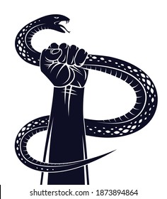 Hand squeezes a snake, fight against evil, control your dark side, internal conflict, archetype shadow, life is a fight concept, vintage vector logo or tattoo.