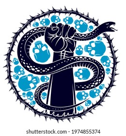 Hand squeezes a snake, fight against evil devil and Satan, control your inner beast animal, archetype shadow, life is a fight concept, vintage vector logo or tattoo.