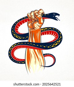 Hand squeezes a snake, fight against evil devil and Satan, control your inner beast animal, archetype shadow, life is a fight concept, vintage vector logo or tattoo.