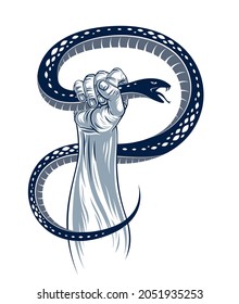 Hand squeezes a snake, fight against evil devil and Satan, control your inner beast animal, archetype shadow, life is a fight concept, vintage vector logo or tattoo.