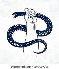 Hand squeezes a snake, fight against evil devil and Satan, control your inner beast animal, archetype shadow, life is a fight concept, vintage vector logo or tattoo.