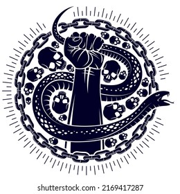 Hand Squeezes A Snake, Fight Against Evil, Control Your Dark Side, Internal Conflict, Archetype Shadow, Life Is A Fight Concept, Vintage Vector Logo Or Tattoo.