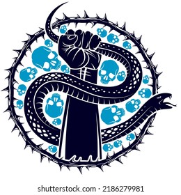 Hand Squeezes A Snake, Fight Against Evil, Control Your Dark Side, Internal Conflict, Archetype Shadow, Life Is A Fight Concept, Vintage Vector Logo Or Tattoo.