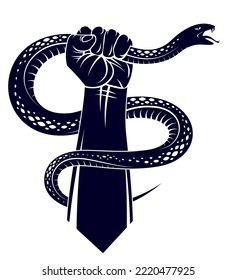 Hand squeezes a snake, fight against evil devil and Satan, control your inner beast animal, archetype shadow, life is a fight concept, vintage vector logo or tattoo.