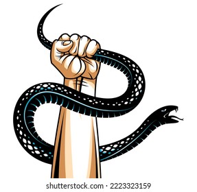 Hand squeezes a snake, fight against evil devil and Satan, control your inner beast animal, archetype shadow, life is a fight concept, vintage vector logo or tattoo.