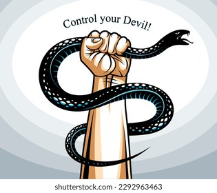 Hand squeezes a snake, fight against evil, control your dark side, internal conflict, archetype shadow, life is a fight concept, vintage vector logo or tattoo.