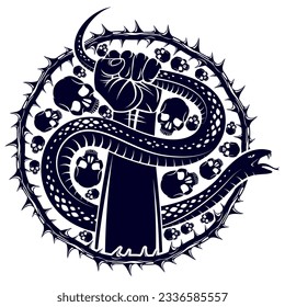 Hand squeezes a snake, fight against evil, control your dark side, internal conflict, archetype shadow, life is a fight concept, vintage vector logo or tattoo.