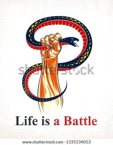Hand squeezes a snake, fight against evil devil and Satan, control your inner beast animal, archetype shadow, life is a fight concept, vintage vector logo or tattoo.