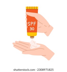 Hand squeezing cream from a sunscreen tube onto a palm. Vector summer skincare illustration. White arm using sunblock cream. Light skin person using lotion with SPF 30.