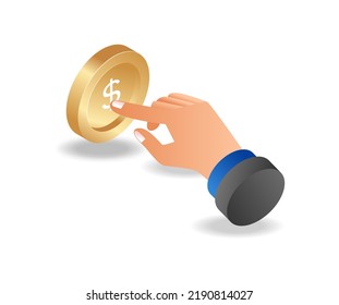 Hand squeezing dollar bill in isometric and flat illustration