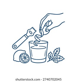 Hand squeezing lemon into cocktail glass line icon. Citrus garnish and mixology preparation vector illustration isolated on white background.