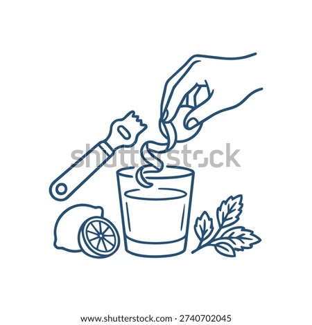 Hand squeezing lemon into cocktail glass line icon. Citrus garnish and mixology preparation vector illustration isolated on white background.