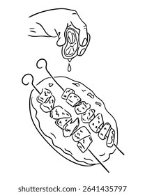 Hand squeezing lemon juice over grilled meat skewers on plate in outline doodle style. Concept highlights cooking, seasoning and flavorful outdoor meal preparation