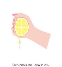 Hand Squeezing Lemon Slice Vector Illustration, Fresh Citrus Juice Extraction, Lemonade Preparation Concept, Summer Fruit Clipart