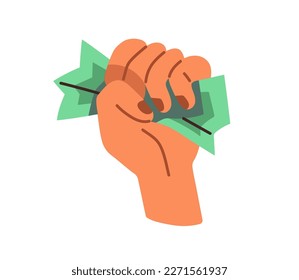 Hand squeezing money. Crumpled wrinkled dollar banknote in clenched fist. Holding, keeping cash, currency with greed, power. Finance concept. Flat vector illustration isolated on white background