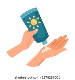 Hand Squeezing Sunscreen Lotion Tube for Skin Protection and UV Rays Blocking Vector Illustration