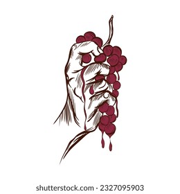 hand squeezing wine from grapes, vector illustration on a white background