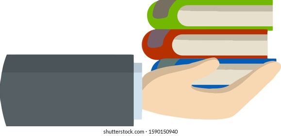 Hand with stack of books. Offer to read. palm of businessman. man carries knowledge. Learning, teaching and training. Cartoon flat illustration 