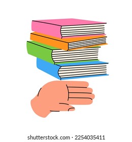 Hand with stack of books. Read more. Bookstore, library, book shop illustration. Literature, dictionaries, encyclopedias, planners.