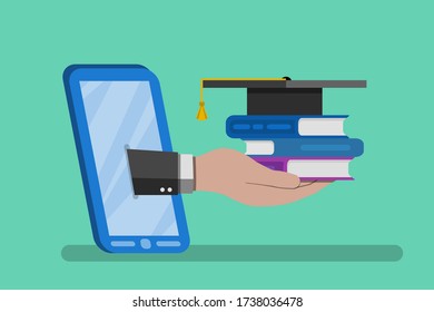 Hand with stack of books and square academic cap. Online learning concept. Stock vector illustration in flat style.