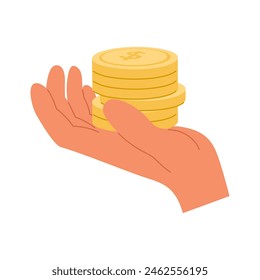 Hand with stack of gold coins. Saving money concept. Donate to charity