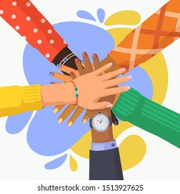 Hand stack of multi culture people. Palm pile of friends with different ethnicity. African and indian, caucasian person unity. Multi-ethnic teamwork or friendship. Team, teamwork, togetherness, group