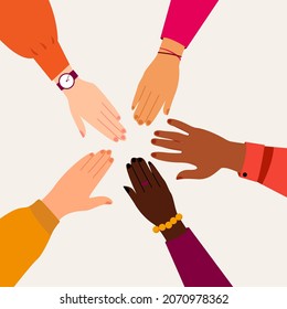 Hand stack of multi culture people. Palm pile of friends with different ethnicity. African and indian, caucasian person unity. Multi-ethnic teamwork or friendship. Team, teamwork, togetherness, group
