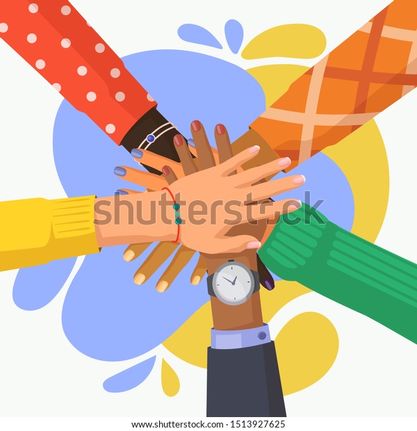 Hand stack of multi culture people. Palm pile of\
friends with different ethnicity. African and indian, caucasian\
person unity. Multi-ethnic teamwork or friendship. Team, teamwork,\
togetherness, group