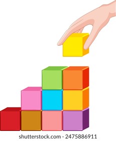 Hand stacking colorful blocks in ascending order