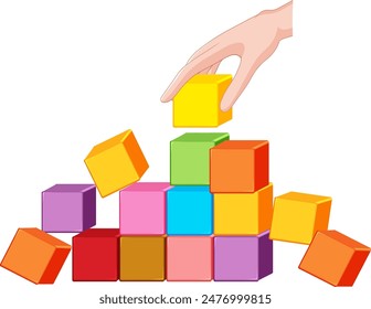 Hand stacking colorful blocks in a pyramid