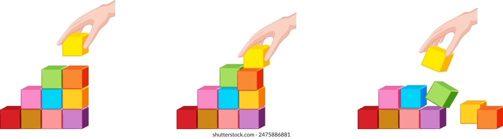 Hand stacking colorful blocks in sequence