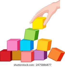 Hand stacking colorful blocks in a tower