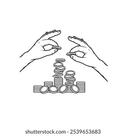 Mano apilando y soltando monedas en blanco y negro Vector en blanco y negro línea de arte