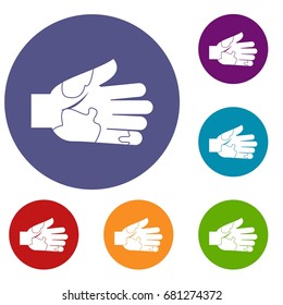 Hand with stains icons set in flat circle red, blue and green color for web