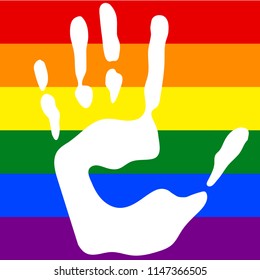 Hand stamp on colored in rainbow colors background, LGBT flag with palm print, vector illustration