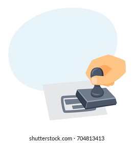 Hand with stamp. Process of imprint. Office work tool cartoon vector. Working in office, education, business concept.