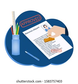 Hand with stamp puts Approved on resume with photo. Stationery set - round icon - isolated on white background - vector. Company staff communication.