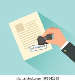 Hand stamping. Notary approving a documents. Vector illustration in flat style 