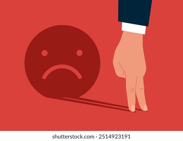 Hand standing with shadow sad face emoji. Negative attitude. Modern vector illustration in flat style