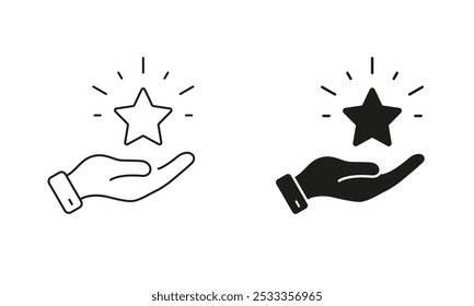 Hand With Star. Best Quality Service Symbol. Customer Satisfaction Line and Silhouette Icon Set. Good Feedback Pictogram. Positive Review Sign. Editable Stroke. Isolated Vector Illustration.