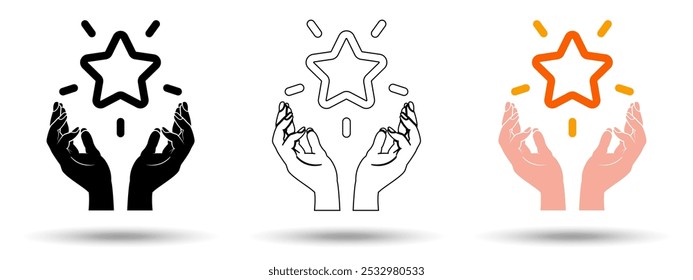 Mano con icono de estrella. Mano con el icono de la estrella en un fondo blanco, aislado. El ícono tiene tres usos en aplicaciones y Sitios web. Ilustración vectorial. Mano con el icono de la estrella en un fondo blanco.