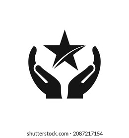 Diseño del logotipo de Hand Star. Logotipo de premio con vector de concepto de mano. Diseño del logotipo Hand y Star