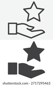 Mano con la clasificación por estrellas diferente conjunto de iconos de estilo. Línea y contorno con versión de icono sólido, signo de Vector de trazo editable y símbolo. Icono de estrella de mano para calidad y recompensa.