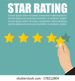 Hand with star to rating stars in a flat design