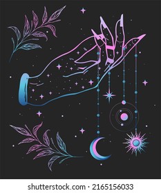 Hand with stars. Linear art. Boho chic tattoo, poster, tapestry or altar veil print design vector illustration